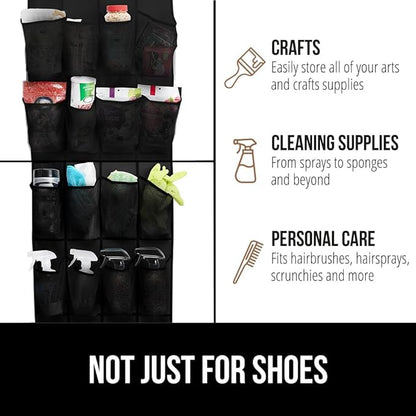 GORILLA GRIP Over the Door Shoe Organizer, 24 Large Breathable Mesh Pockets, Space Saving Hanging Storage Holder, Closet Rack Hanger Holds Up to 40 lbs, Hangs on Closets for Shoes, Accessories, Black