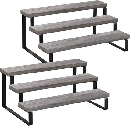 YINMIT Wooden Display Riser Stand, Tiered Perfume and Cologne Organizer Stand, 3 Tier Spice Rack Organizer, Rustic Display Shelf for Candles (3 Tier,2Pack,Grey)