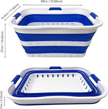 SAMMART 42L (11 gallons) Set of 2 Plastic Foldable Storage Basket/Container - Collapsible, Space Saving and Portable Laundry Hamper, Ideal for Home, Travel, Dorm (2, White/Dark Blue)