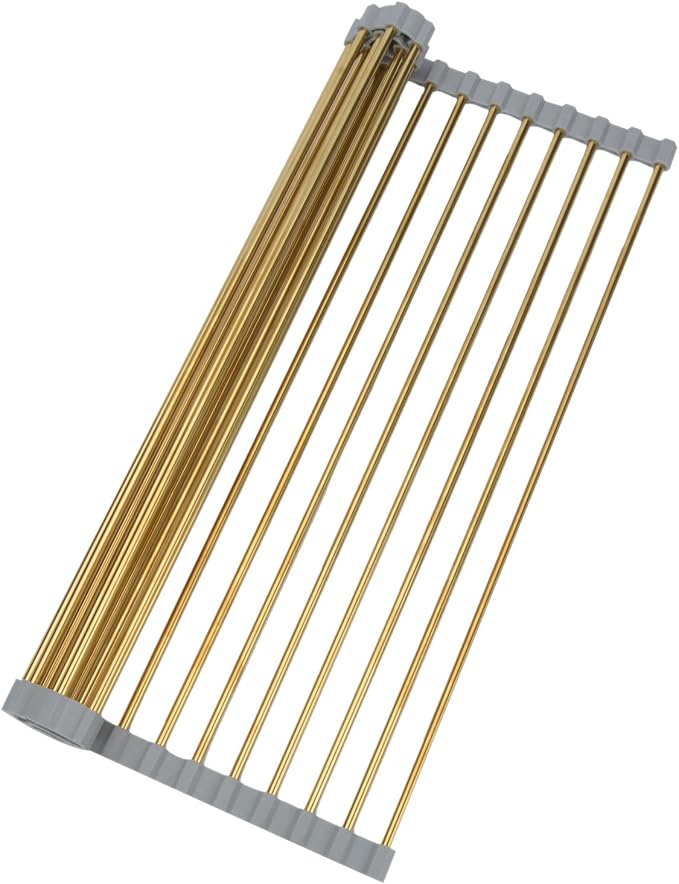 Snailhouse Roll Up Dish Drying Rack, Stainless Steel Dish Drainer Over The Sink with Anti-Slip Silicone for Kitchen Counter, Gold (17.8 x 11.8 in)