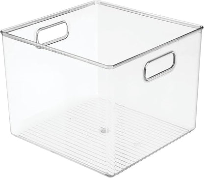 mDesign Plastic Modern Storage Organizer Bin Basket with Handles for Bathroom Organization - Shelf, Cubby, Cabinet, Vanity, and Closet Organizing Decor - Ligne Collection - Clear