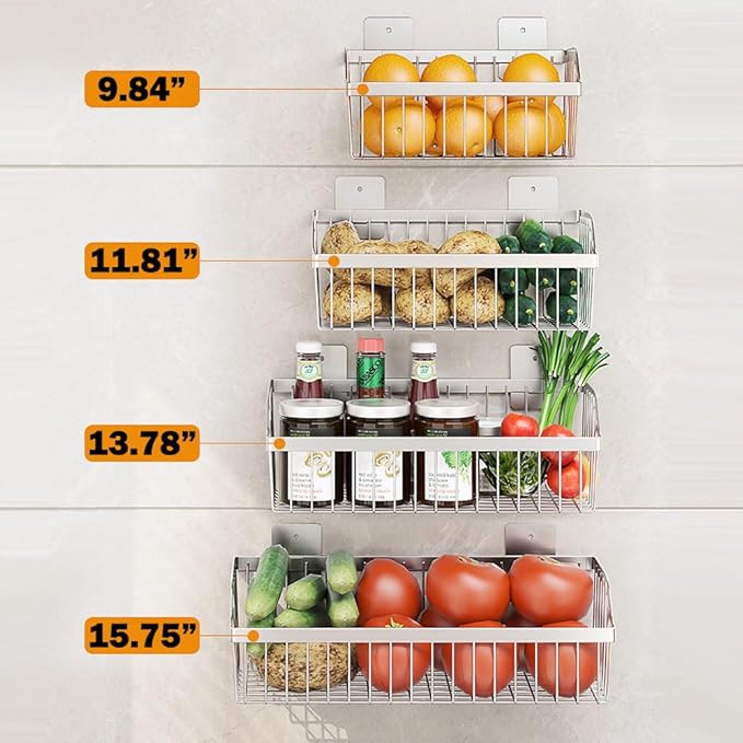 Hanging Kitchen Baskets, Storage Spice Shelf, Wall Mount Storage Baskets, SUS304 Stainless Steel Basket for Kitchen, Bathroom, Storage, 4 Pack, L 11.8Inch, D 6.3Inch, H 4.75Inch