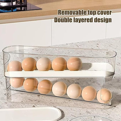 Auto Rolling 2 Tier Eggs Holder Fridge Organisers 30.3 X 8.5 X 14.2 Cm Egg Dispenser Kitchen Roll Down Stackable With Lid Trays Egg Storage Box For Fridge & Kitchen Countertop