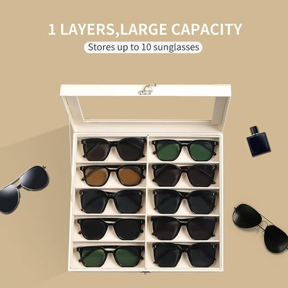 AUTOARK Large Top Glass Lid Sunglasses Organizer Case,10-Slot PU Leather Lockable Storage Box for Eyeglasses,Watch,Jewelry,Gift for Home,Beige,MKAW-113