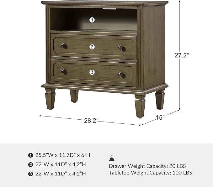 HULALA HOME Farmhouse End Table with Charging Station, End Table with USB Ports & Outlets, Fluted Pilasters Design Side Table with Open Space and 2 Drawers Dresser for Living Room, KONA