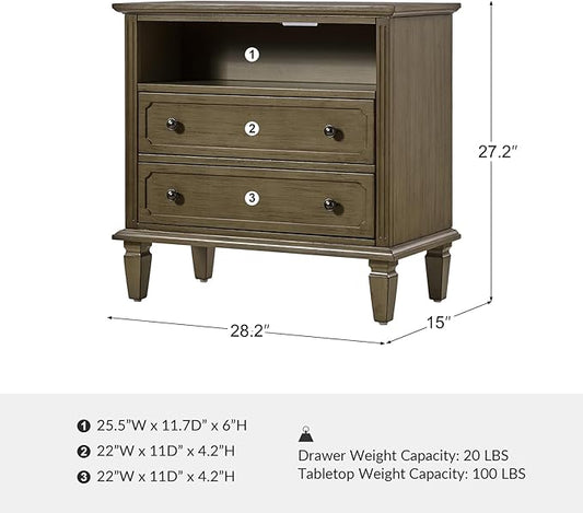 HULALA HOME Farmhouse End Table with Charging Station Set of 2, End Table with USB Ports & Outlets, Fluted Pilasters Design Side Table with Open Space and 2 Drawers Dresser for Living Room, KONA