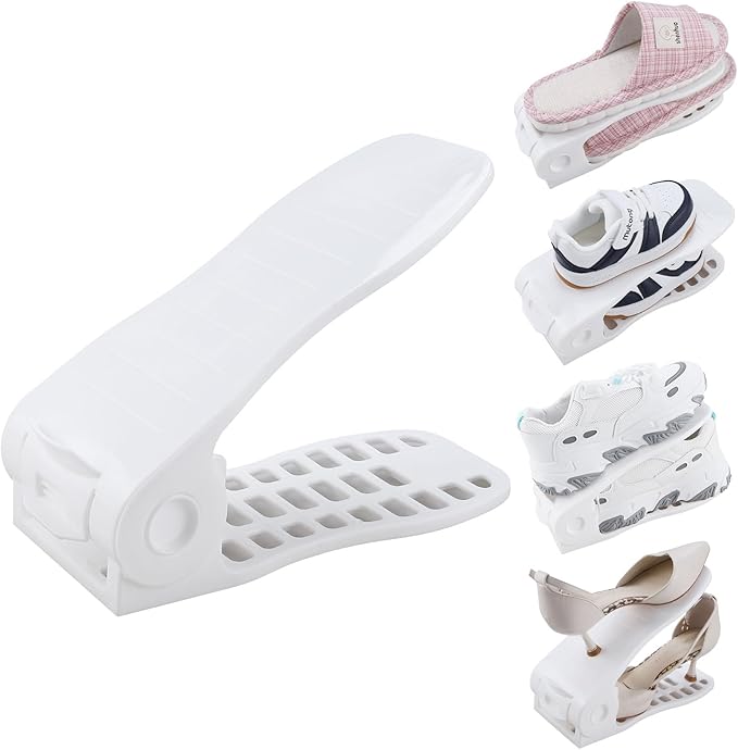 HOMOKUS Shoe Slots Organizer,16 Pack Adjustable Shoe Stackers,Double Layer Shoe Rack Holder,Four Position Flexible Adujstable Shoe Storage Slot for Closet Organization,Entryway (White)