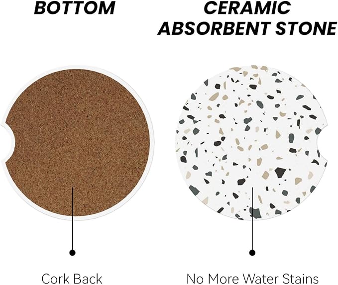 Terrazzo Marble Car Cup Holder Coaster 2 Pack Absorbent Ceramic Car Coasters for Cup Holders Car Accessories Interior for Women Men Universal Anti Slip Cork Base Cup Coasters with Finger Notch