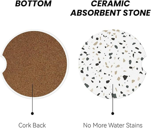 Terrazzo Marble Car Cup Holder Coaster 2 Pack Absorbent Ceramic Car Coasters for Cup Holders Car Accessories Interior for Women Men Universal Anti Slip Cork Base Cup Coasters with Finger Notch