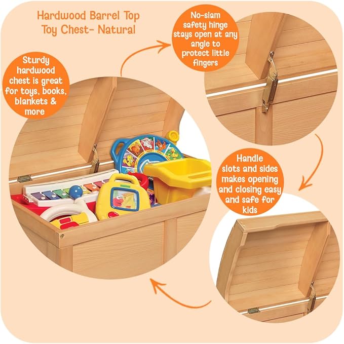 Badger Basket Barrel-Top Wooden Toy Chest - Hardwood Storage Trunk with Safety Hinge, Handle Slots, Spacious Interior - Classic Organizer for Kids' Rooms - Natural