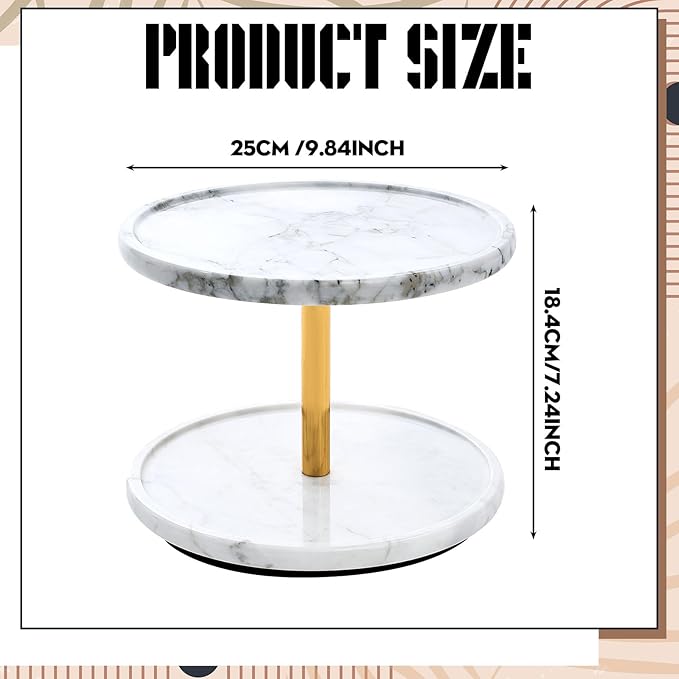 2-Tier Marble Lazy Susan, 10'' Circular Marble Stone Decorative Tray Organizer, Rotating Bathroom Turntable, Kitchen Spice Rack Organizer for Countertop Vanity Dresser Dining Table Pantry