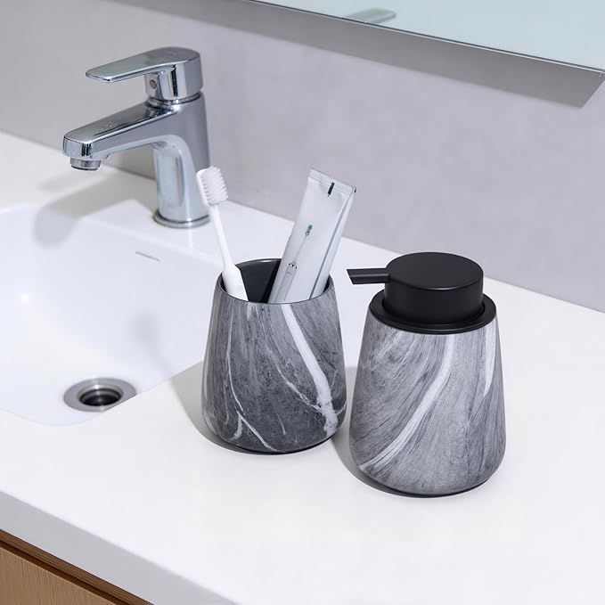 2Pcs Toothbrush Holder for Bathroom - Marble Grey Ceramic Tooth Brushing Holders Set, Toothbrush Cup & Toothpaste Organizer for Bathroom Countertop, Makeup Brush Holder, Pen Holder for Home Storage