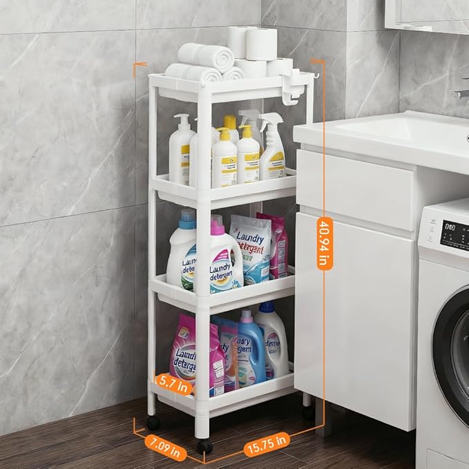 Laundry Room Cart Between Washer and Dryer Storage, Expandable Slim Laundry Cart with Wheels, 4 Tier Slim Storage Rolling Carts for Laundry Room Organization and Storage