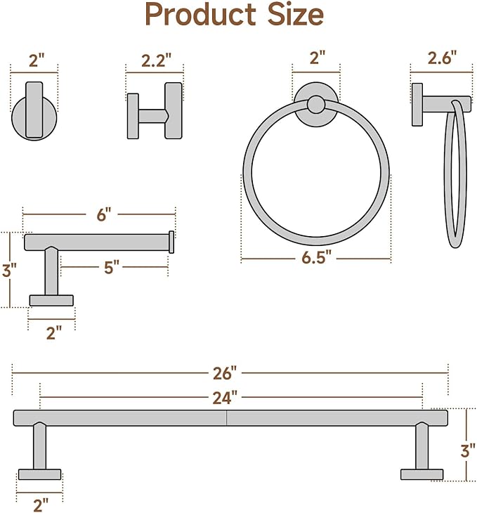 USHOWER Brushed Nickel Bathroom Hardware Set, Modern 24-Inch Towel Bar Set Wall Mounted, Durable SUS304 Stainless Steel Bathroom Accessories Set, 4-Piece