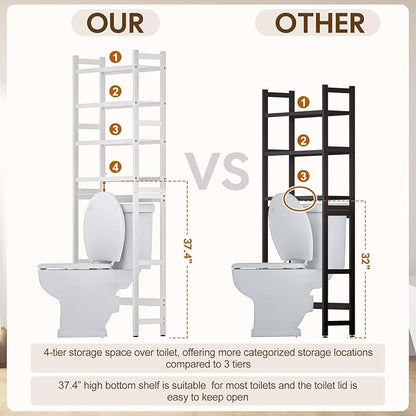 Cozivolife Over The Toilet Storage with 2 Baskets, 4-Tier Bamboo Organizer Rack with Paper Holder & 4 Hooks & Waterproof Feet Pad,Freestanding Shelf for Bathroom(White)