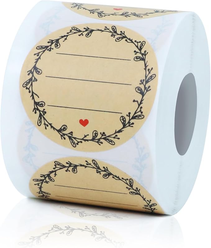 500pcs Label Stickers for Jars and Lids, Floral Heart & Lace Design with 3 Lines for Writing, Kraft Sticker Labels Pantry Labels, Mason Jar Labels Canning Labels Gift Tags(2" Round)