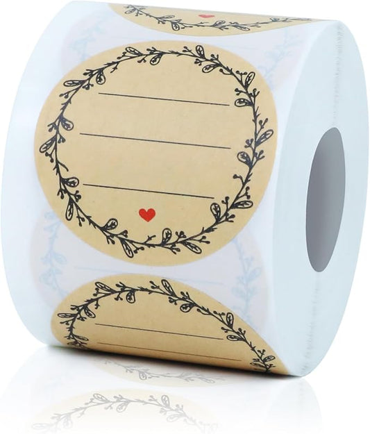 500pcs Label Stickers for Jars and Lids, Floral Heart & Lace Design with 3 Lines for Writing, Kraft Sticker Labels Pantry Labels, Mason Jar Labels Canning Labels Gift Tags(2" Round)