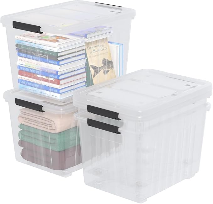 4 Packs Large 70 L Plastic Stackable Storage Bins with Wheels and Latching Lid, Clear Storage Container Tote