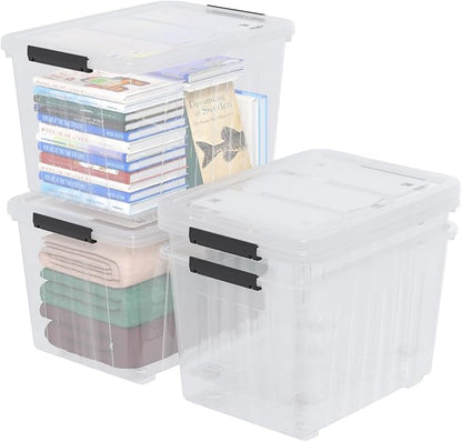 4 Packs Large 70 L Plastic Stackable Storage Bins with Wheels and Latching Lid, Clear Storage Container Tote