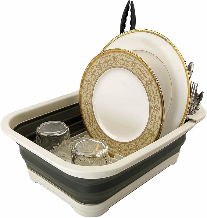 SAMMART 7.3L (1.9 Gallon) Collapsible Dish Drainer with Drainer Board - Foldable Drying Rack Set - Portable Dinnerware Organizer - Space Saving Utensil Kitchen Storage Tray (1, Grey/Washed Black)