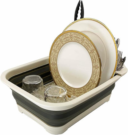 SAMMART 7.3L (1.9 Gallon) Collapsible Dish Drainer with Drainer Board - Foldable Drying Rack Set - Portable Dinnerware Organizer - Space Saving Utensil Kitchen Storage Tray (1, Grey/Washed Black)