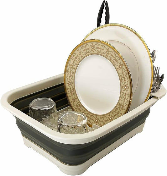 SAMMART 7.3L (1.9 Gallon) Collapsible Dish Drainer with Drainer Board - Foldable Drying Rack Set - Portable Dinnerware Organizer - Space Saving Utensil Kitchen Storage Tray (1, Grey/Washed Black)