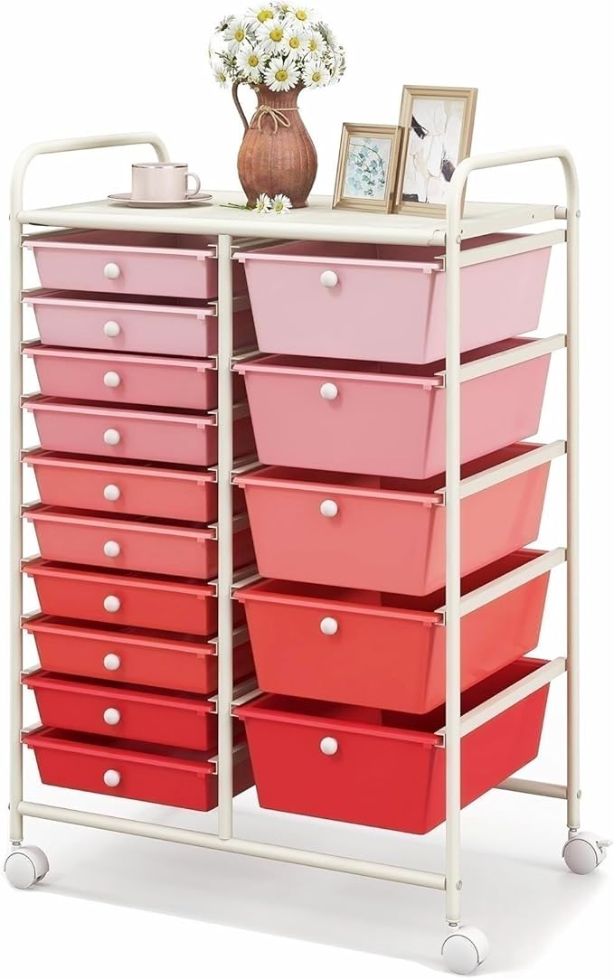 KOTEK 15-Drawer Rolling Storage Cart, Multipurpose Mobile Utility Cart with 4 Wheels, Home Office School Tools Scrapbook Paper Organizer (Pink)