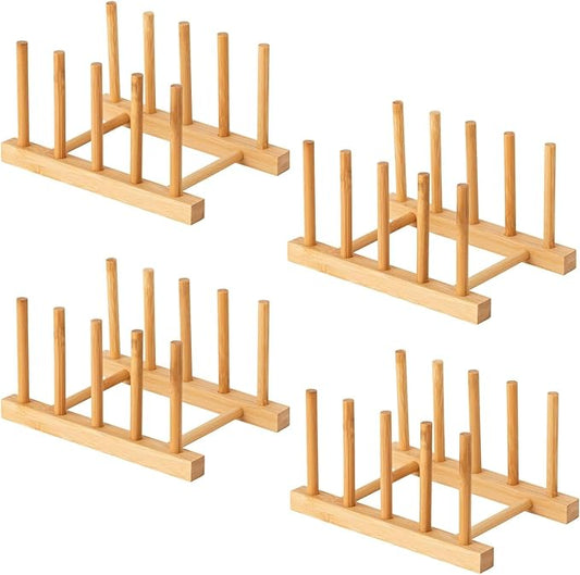 Yuixoseu 4 Pcs Bamboo Wooden Dish Rack, Plate Organizer for Cabinet Space Saver and Kitchen Counter, Bowl/Cup/Pot Lid/Cutting Board Drying Holder (4 Slots)