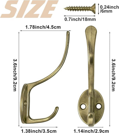 10 Pack Coat Hooks Wall Mounted with 20 Screws, Heavy Duty Antique Brass Towel Hooks Metal Double Hooks, No Rust Retro Rustic Wall Hooks for Hanging Towel, Coat, Scarf, Bag, Hat, Cup, Key