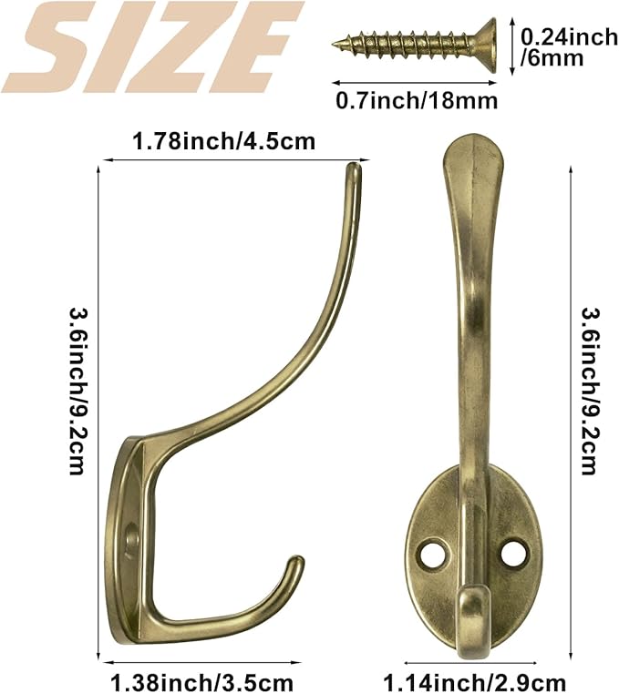 14 Pack Coat Hooks Wall Mounted with 28 Screws, Heavy Duty Antique Brass Towel Hooks Metal Double Hooks, No Rust Retro Rustic Wall Hooks for Hanging Towel, Coat, Scarf, Bag, Hat, Cup, Key