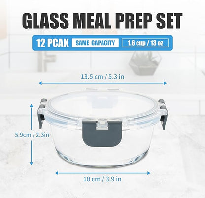 12 Pack Small Glass Food Storage Containers with Lids Airtight, 13oz Leak-Proof Meal Prep Containers Set, Freezer to Microwave Safe, Dishwasher Safe