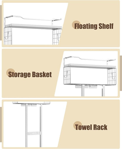 Towel Racks for Bathroom - Wall Mounted Metal Rack with Wood Plank, Bathroom Storage Organizer, Towel Holder Stores 6 Large Rolled Towels Easily, Silver with White Plank