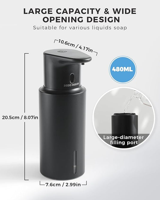 DODO MEKIA Automatic Foaming Soap Dispenser Touchless, 304 Stainless Steel Bottle Body & 16.2oz/480ml,USB Rechargeable, 3 Adjustable Liquid Levels, IPX7 Waterproof, for Kitchen Bathroom, Black