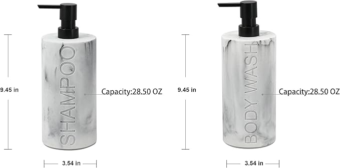 Indecor Home Marble Resin 2 Piece Shampoo and Body Wash Dispenser Set, Luxurious Refillable Pump Bottles with Matte Pump Top and Embossed Text, Durable Design for Bathroom and Shower