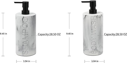 Indecor Home Marble Resin 2 Piece Shampoo and Body Wash Dispenser Set, Luxurious Refillable Pump Bottles with Matte Pump Top and Embossed Text, Durable Design for Bathroom and Shower