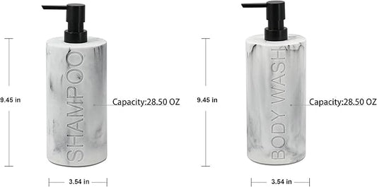 Indecor Home Marble Resin 2 Piece Shampoo and Body Wash Dispenser Set, Luxurious Refillable Pump Bottles with Matte Pump Top and Embossed Text, Durable Design for Bathroom and Shower