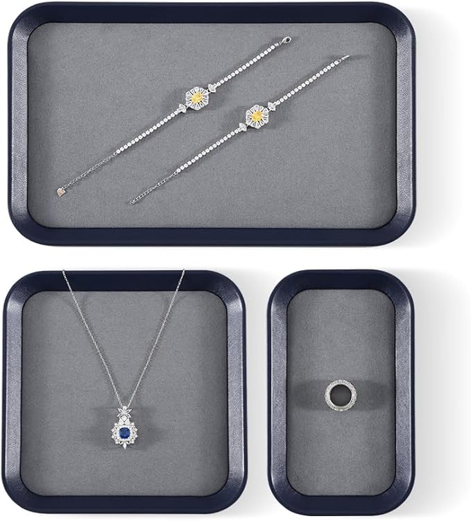 Yinbeini Ring Display Tray, Leather Earring Organizer,Luxury Key Tray,Premium Decorative Tray,Blue-Grey Jewelry Dish