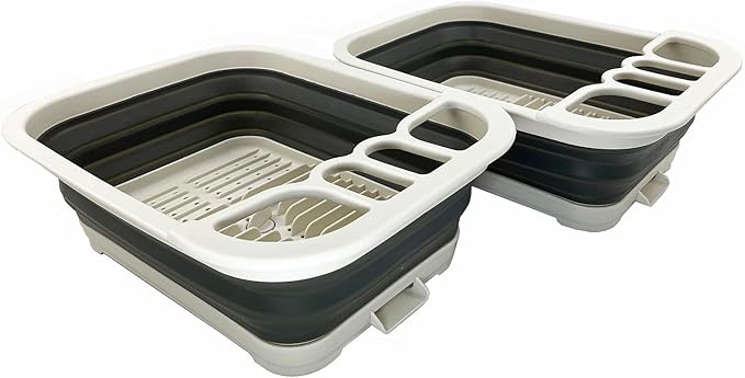 SAMMART Collapsible Dish Drainer with Drainer Board - Foldable Drying Rack Set - Portable Dinnerware Organizer - Space Saving Kitchen Storage Tray (2, Grey/Washed Black)