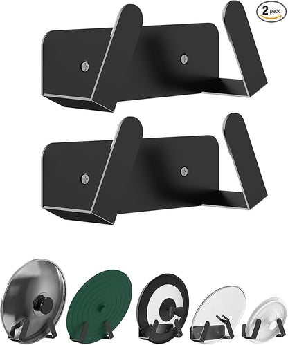 NOTMBESTM Pot Lid Organizer, 2 Pack Lid Holders Inside Cabinet, Wall Mount Rack Fit for Cutting Board, Fixed by Adhesive or Screw (Black)