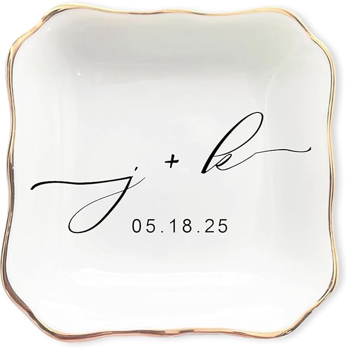 LullabyMall Custom Engagement Ring Holder Ring Dish, Custom Wedding Gifts for Couple, Bridal Shower Couple Jewelry Tray, Monogrammed Engagement Wedding Gifts for Bride 2