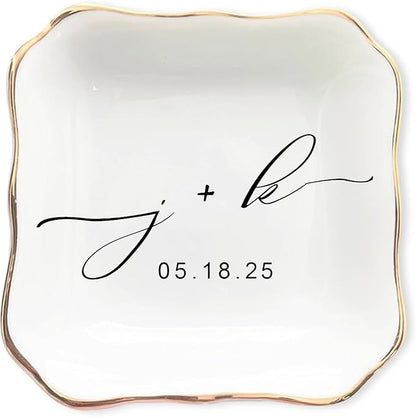 LullabyMall Custom Engagement Ring Holder Ring Dish, Custom Wedding Gifts for Couple, Bridal Shower Couple Jewelry Tray, Monogrammed Engagement Wedding Gifts for Bride 2