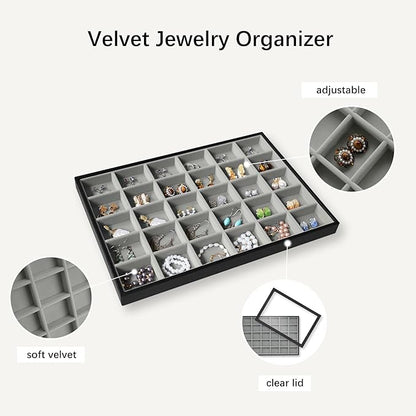 Wudygirl Jewelry Organizer 30 Grid Jewelry Tray with Lid Earring Holder Organizer for Women Ring Earring Bracelet Holder Storage (Pu Black Gray)