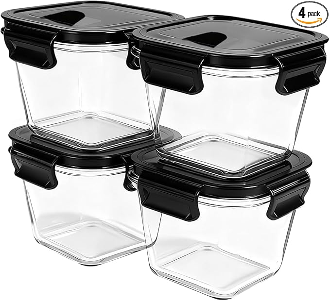 H.JSS WDJS 4 Cup Square Borosilicate Glass Food Storage Containers, 32oz Tall Glass Soup Containers with Lids, Large Square Meal Prep Bowl for Food, Salad, Lunch, Deli, Microwave, Freezer Saf (4Pack)