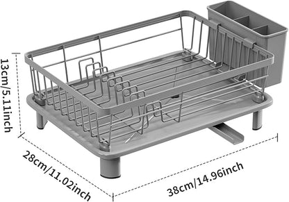 BULIJUJU Small Dish Drying Rack, Space Saving Dish Racks for Kitchen Counter, Kitchen Organizer Dish Drainer with Cutlery Holder for Spoons and Forks, 11''W x 15''L, Gray