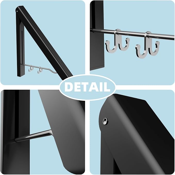 BAKON 2 Pack Clothes Drying Rack Foldable Collapsible, Folding Laundry Rack Wall Mounted Retractable Clothes Hanger for Laundry Room, Indoor & Outdoor Use, Easy Installation, Aluminum (Black)