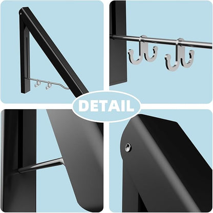 BAKON 2 Pack Clothes Drying Rack Foldable Collapsible, Folding Laundry Rack Wall Mounted Retractable Clothes Hanger for Laundry Room, Indoor & Outdoor Use, Easy Installation, Aluminum (Black)
