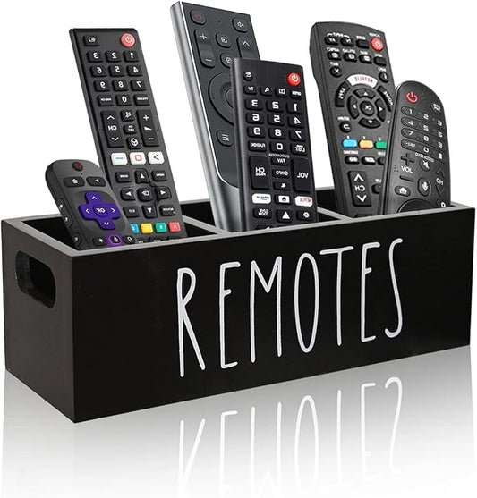 CHONIC Remote Control Holder, Farmhouse Remote Storage Caddy, Bedside TV Controller Box, Rustic Wood Media Organizer Tray for Home Bedroom Table (Black)