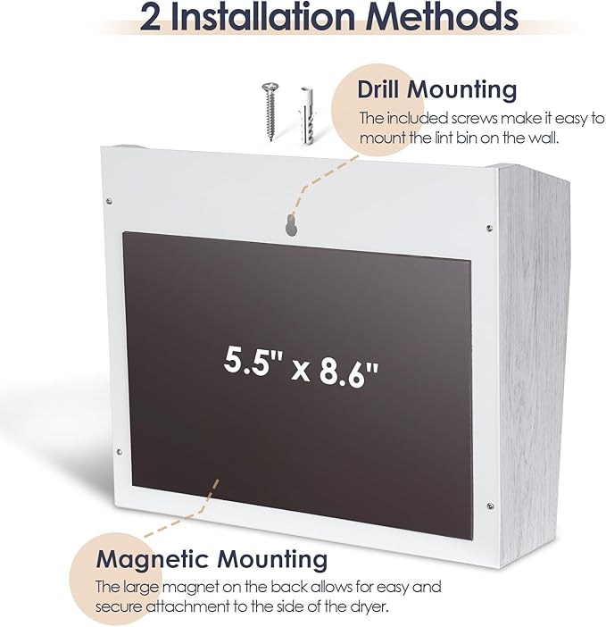 NiHome Magnetic Lint Bin for Laundry Room Storage Organization & Decor with Lint Brush, Wall Mounted Dryer Lint Box Holder Made of Metal & Pine, Lint Trash Can Lint Basket for Dryer, White