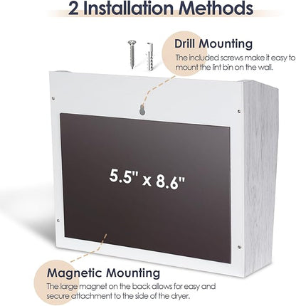 NiHome Magnetic Lint Bin for Laundry Room Storage Organization & Decor with Lint Brush, Wall Mounted Dryer Lint Box Holder Made of Metal & Pine, Lint Trash Can Lint Basket for Dryer, White