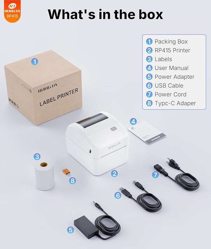 Rongta Bluetooth Thermal Shipping Label Printer, Wireless 4x6 Label Sticker Printer for Shipping Packages, Support Android, iPhone, Widely Used for Amazon, Ebay, Shopify, Etsy, UPS, White
